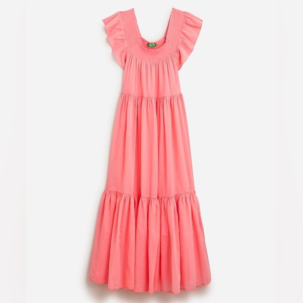 J. Crew Coral Pink Smocked Tiered Beach Maxi Dress Flutter Sleeve NWT Sz L
